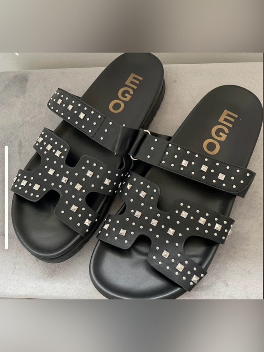 EGO Black Studded Double-Strap Slides with Gold Logo